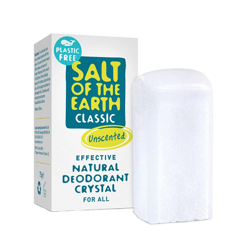 Salt of the Earth deodorant crystal and packaging on a white background