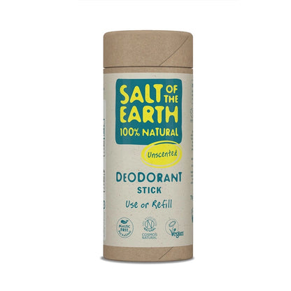 Back view of Salt-of-the-Earth Unscented Deodorant container with text and icons on a white background