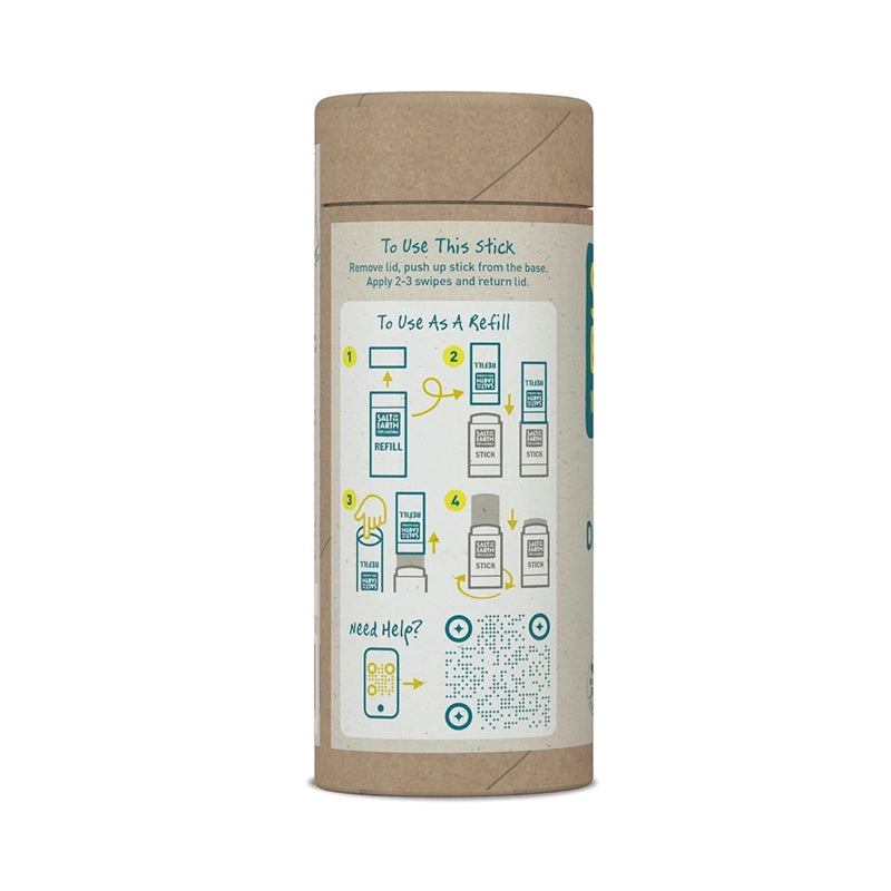 Back view of Salt-of-the-Earth Unscented Deodorant container with text and icons on a white background