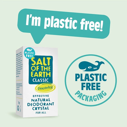 Salt of the Earth deodorant crystal packaging with 'plastic free' label on a light green background