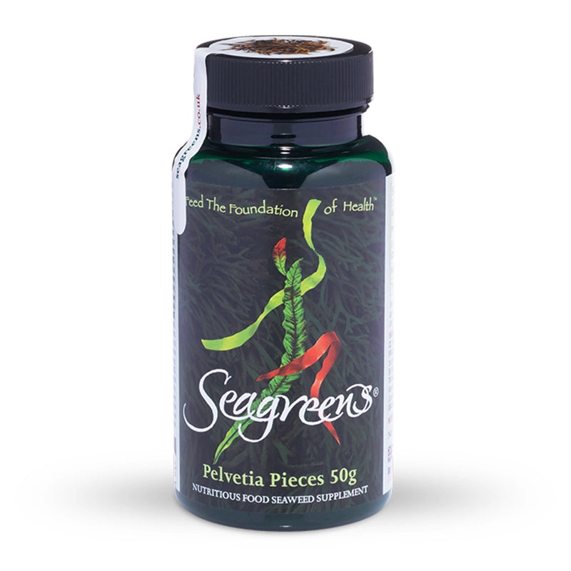 Seagreens Pelvetia Pieces supplement bottle on a white background