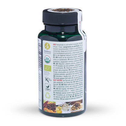 Seagreens Pelvetia Pieces supplement bottle with label on a white background