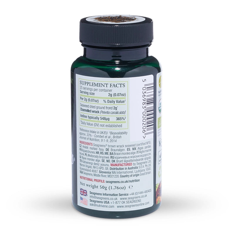 Seagreens Pelvetia Pieces supplement bottle with label on a white background