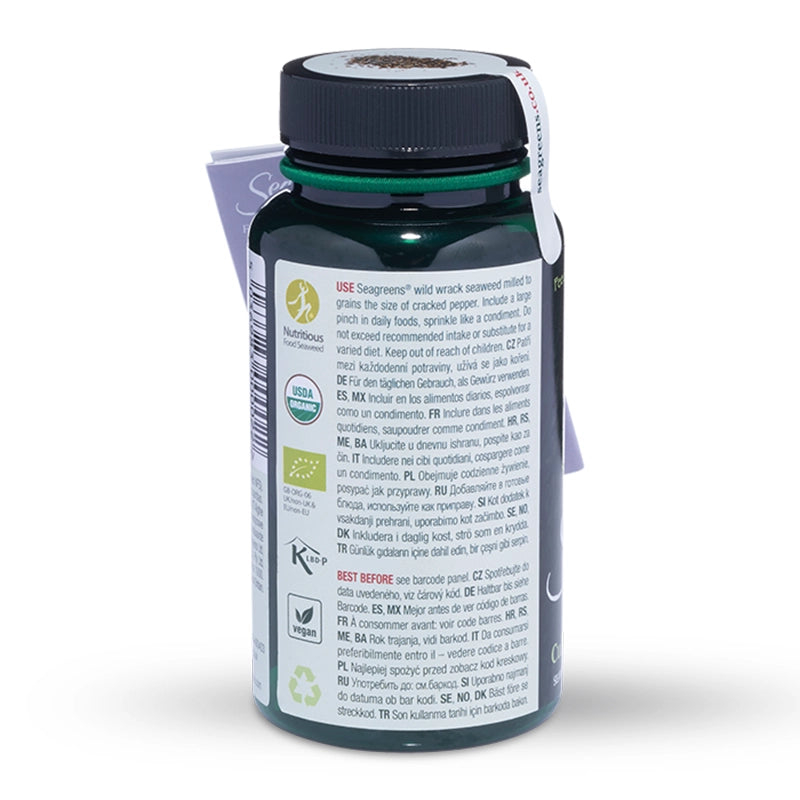 Seagreens Culinary ingredients bottle label with text and symbols on a white background