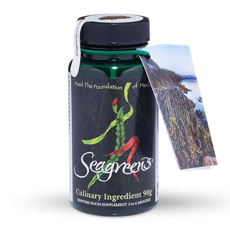 Seagreens culinary ingredient supplement bottle with label showing a coastal scene.