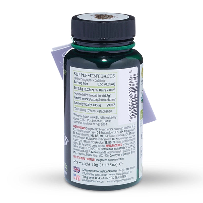 Seagreens Culinary ingredients bottle with label showing supplement facts and ingredients on a white background