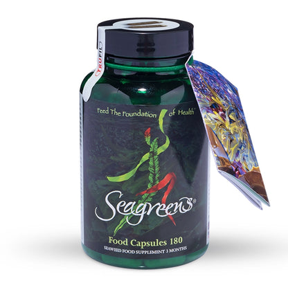 Seagreens food capsules bottle with colorful label on a white background