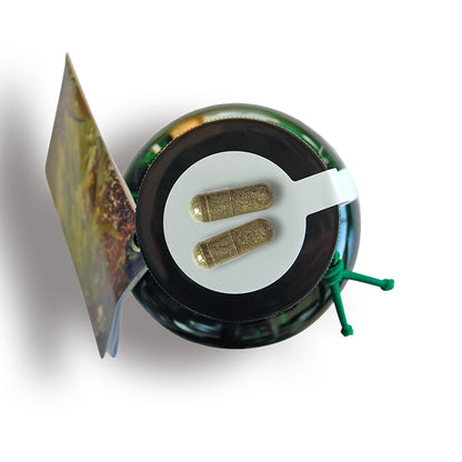 Seagreens Food Capsules bottle lid of supplements with capsules inside, on a white background