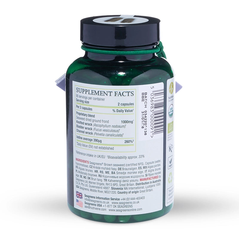 Seagreens Food Capsules bottle of supplements with a label on a white background