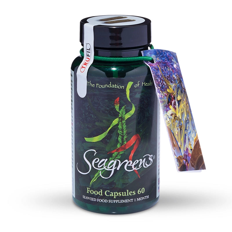 Seagreens food capsules bottle with colorful label on a white background