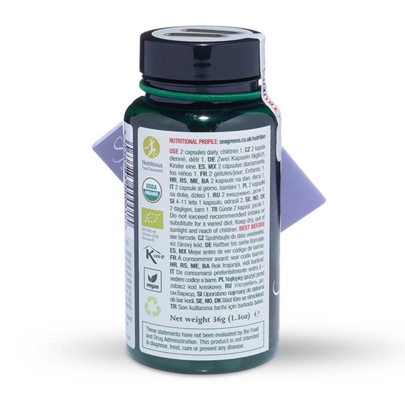 Seagreens Food Capsules supplement bottle with label showing supplement facts on a white background