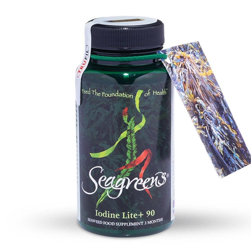 Seagreens Iodine Lite 90 supplement bottle with colourful label on a white background