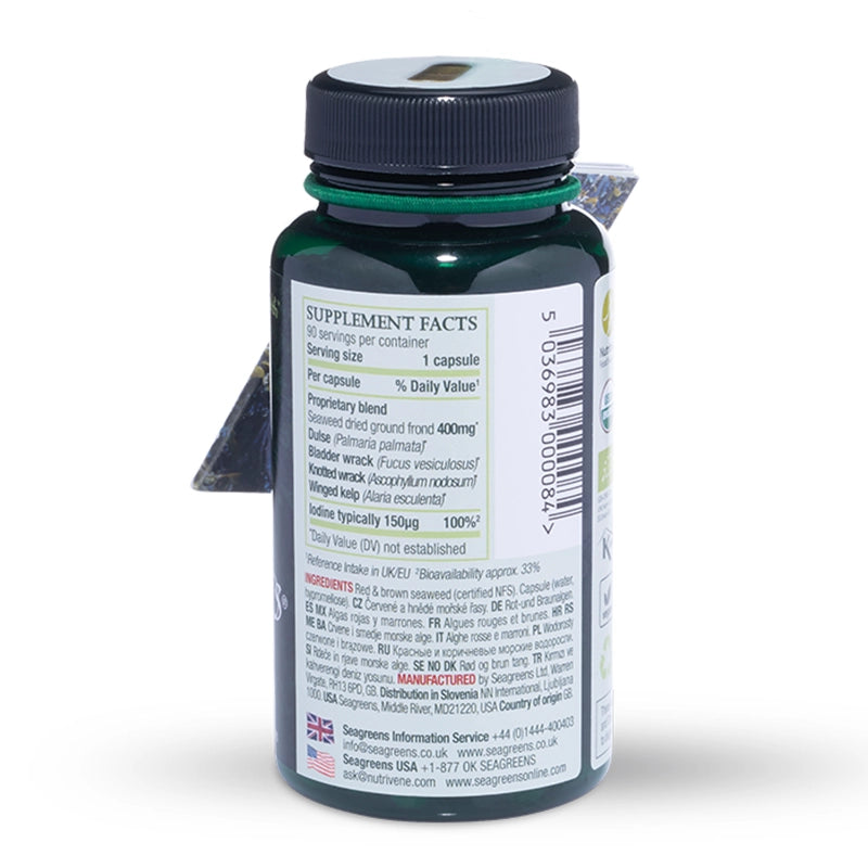 Seagreens Iodine Lite supplement bottle with label on a white background
