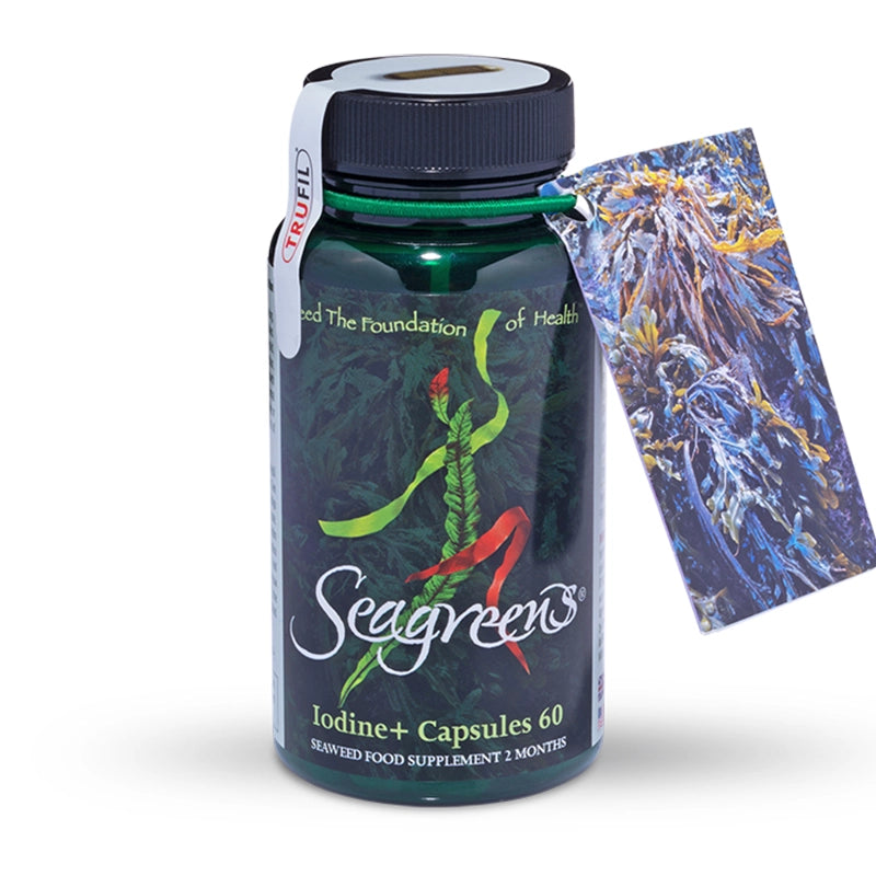 Seagreens odine Plus supplement bottle with label on a white background