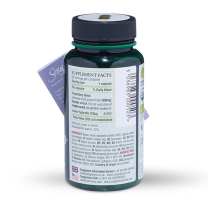 Seagreens odine Plus supplement bottle with label on a white background