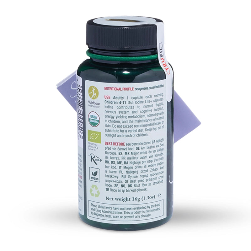 Seagreens odine Plus supplement bottle with label on a white background