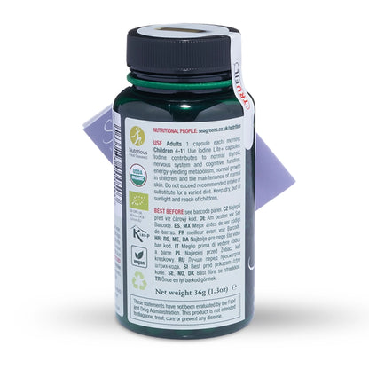 Seagreens odine Plus supplement bottle with label on a white background