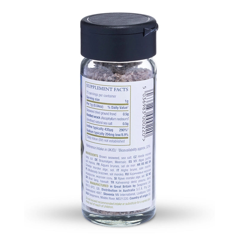 Seagreens_Mineral_Salt glass supplement bottle with a black cap on a white background