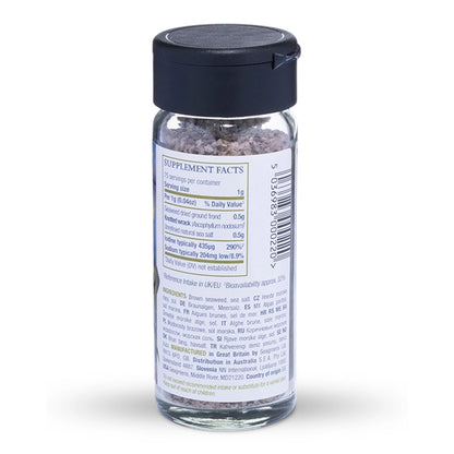 Seagreens_Mineral_Salt glass supplement bottle with a black cap on a white background