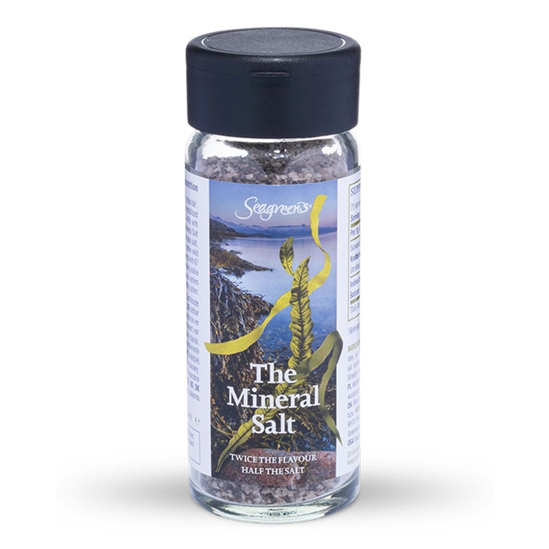Seagreens Mineral Salt glass supplement bottle with a black cap on a white background