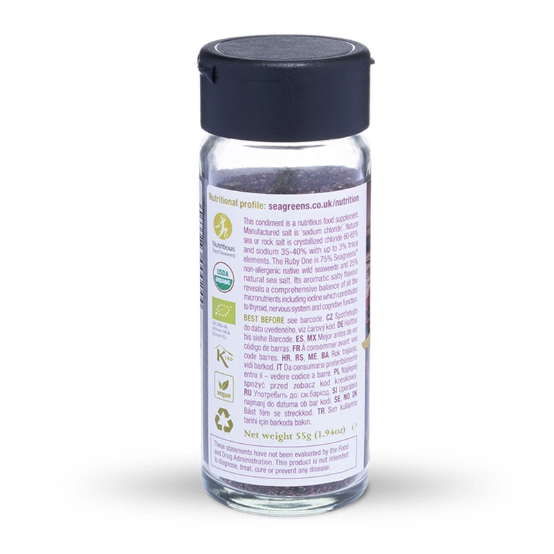 Seagreens uby One glass container with black lid on a white background