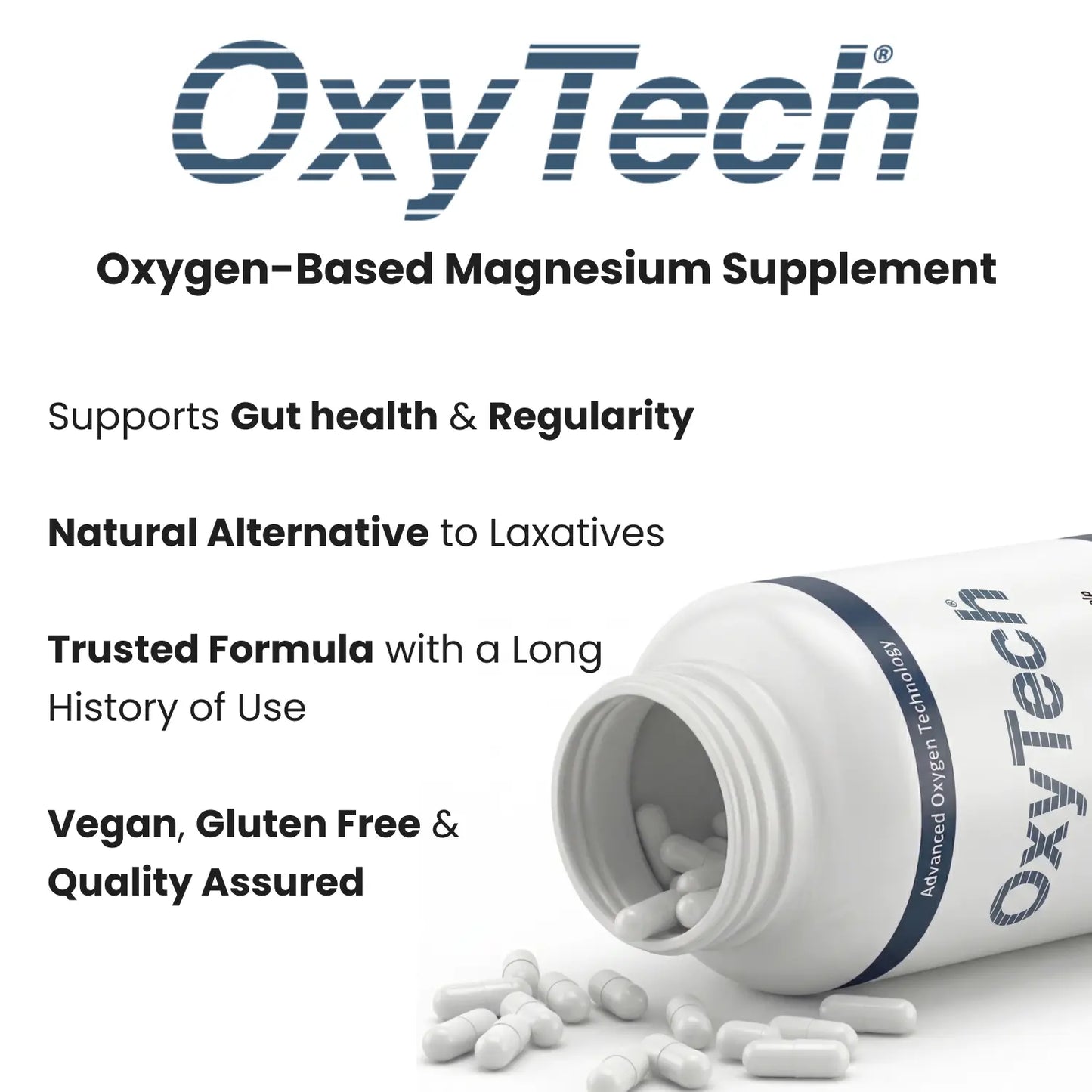OxyTech oxygen-based magnesium supplement with text highlighting benefits on a white background
