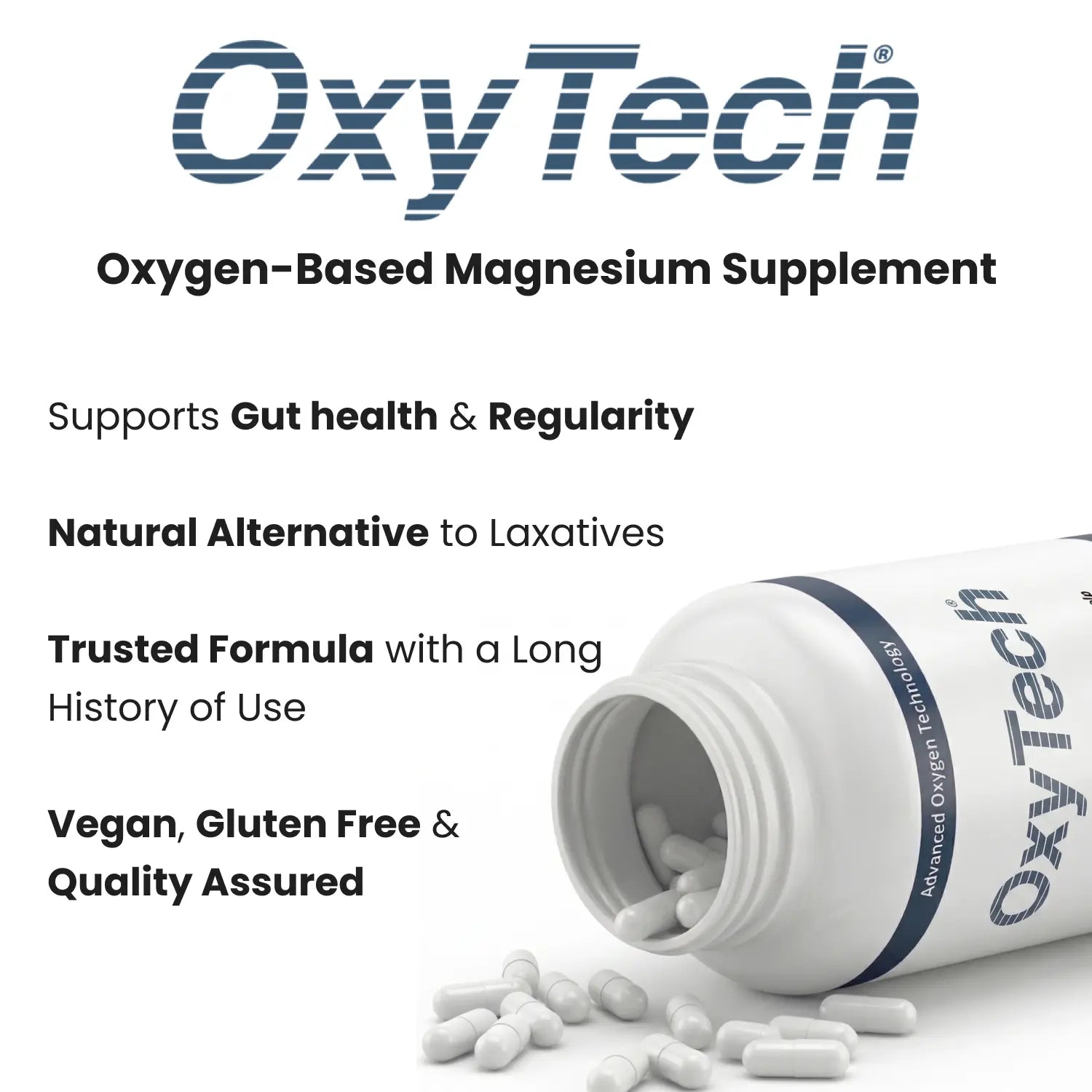 OxyTech oxygen-based magnesium supplement with text highlighting benefits on a white background