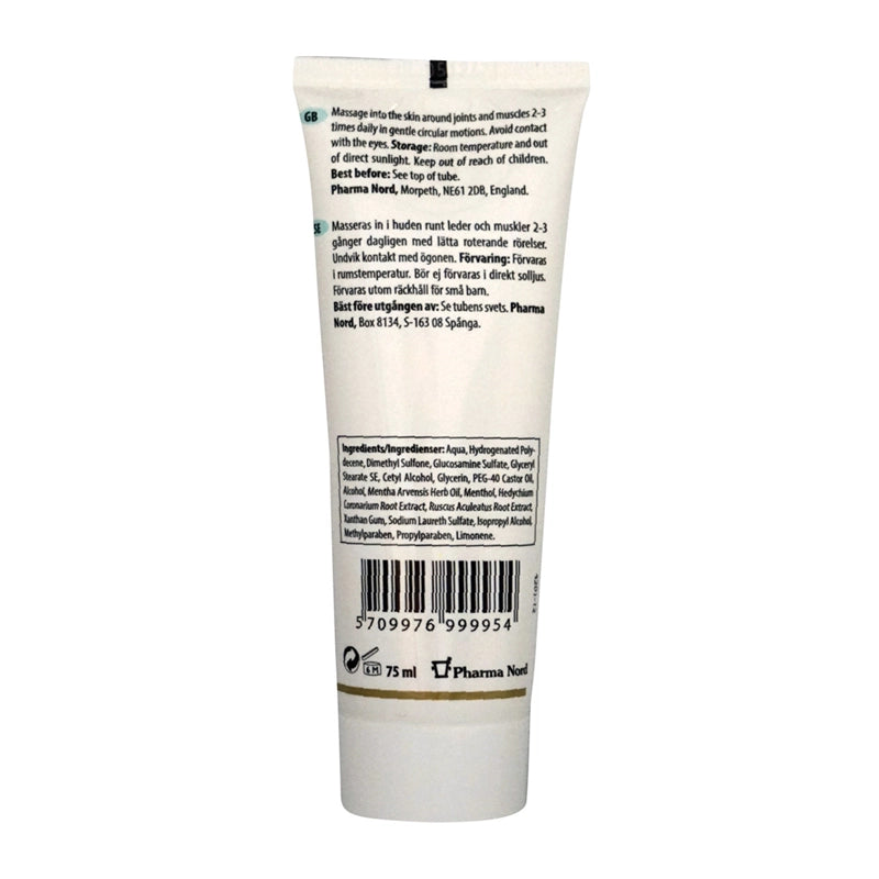Back label of Bio-Glucosamine MSM Cream tube with text and a barcode on a white background