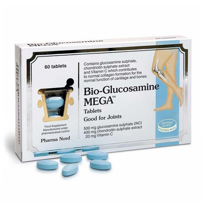 Packaging of Bio-Glucosamine Mega 60 Tablets for joint support, showing the box and the tablets outside.