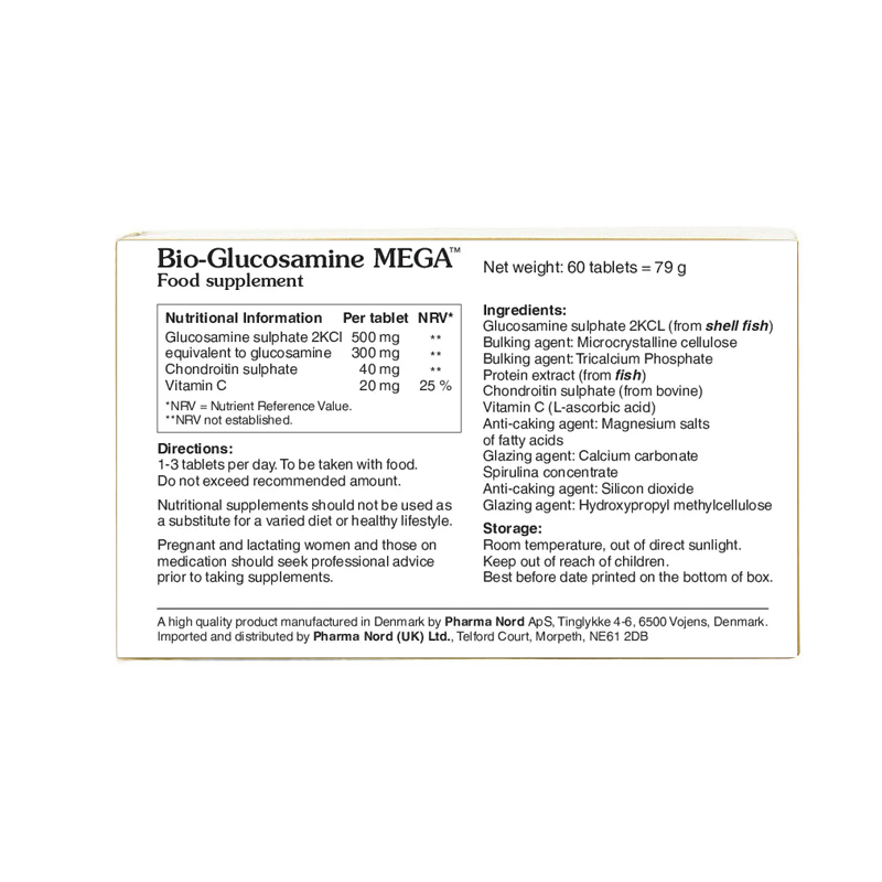 Box of Bio-Glucosamine MEGA food supplement with nutritional information and ingredients listed.