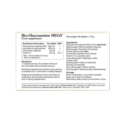 Box of Bio-Glucosamine MEGA food supplement with nutritional information and ingredients listed.