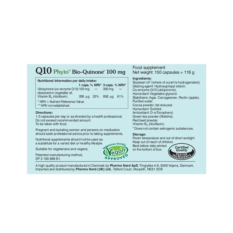 Nutritional label for a food supplement with Q10 Phyto Bio-Quinone on a white background