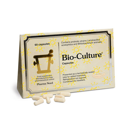 A box of Bio-Culture capsules with 60 capsules shown in front of the box. The box has a yellow and white design with text and a graphic representing the product.