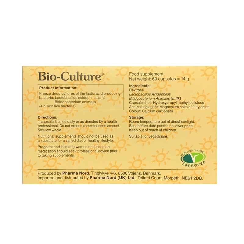 Bio-Culture food supplement package with product information, ingredients, and directions.