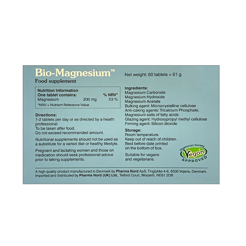 Bio-Magnesium food supplement package with text and logo on a white background