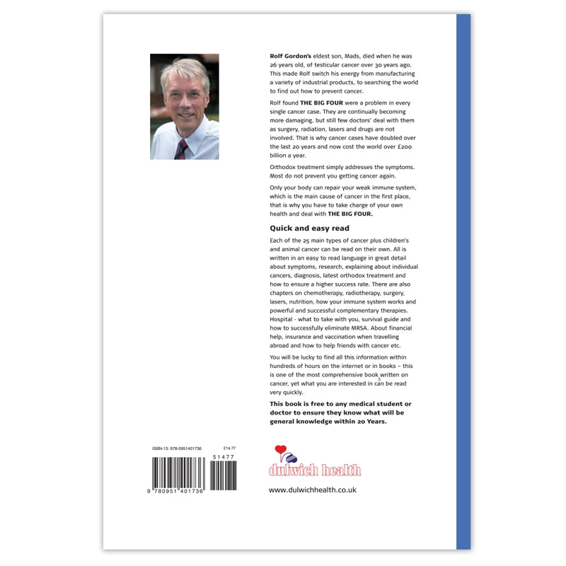 Bookback with text and a photo of Rolf Gordon, featuring Dulwich Health branding.