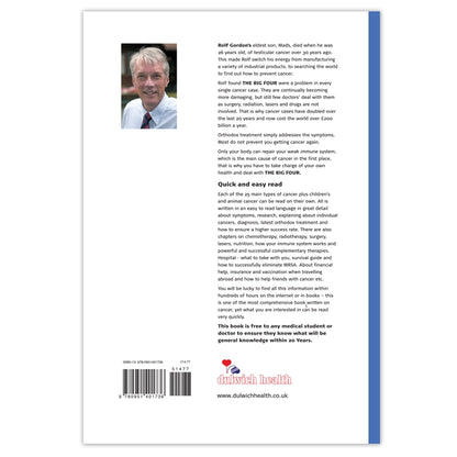 Bookback with text and a photo of Rolf Gordon, featuring Dulwich Health branding.