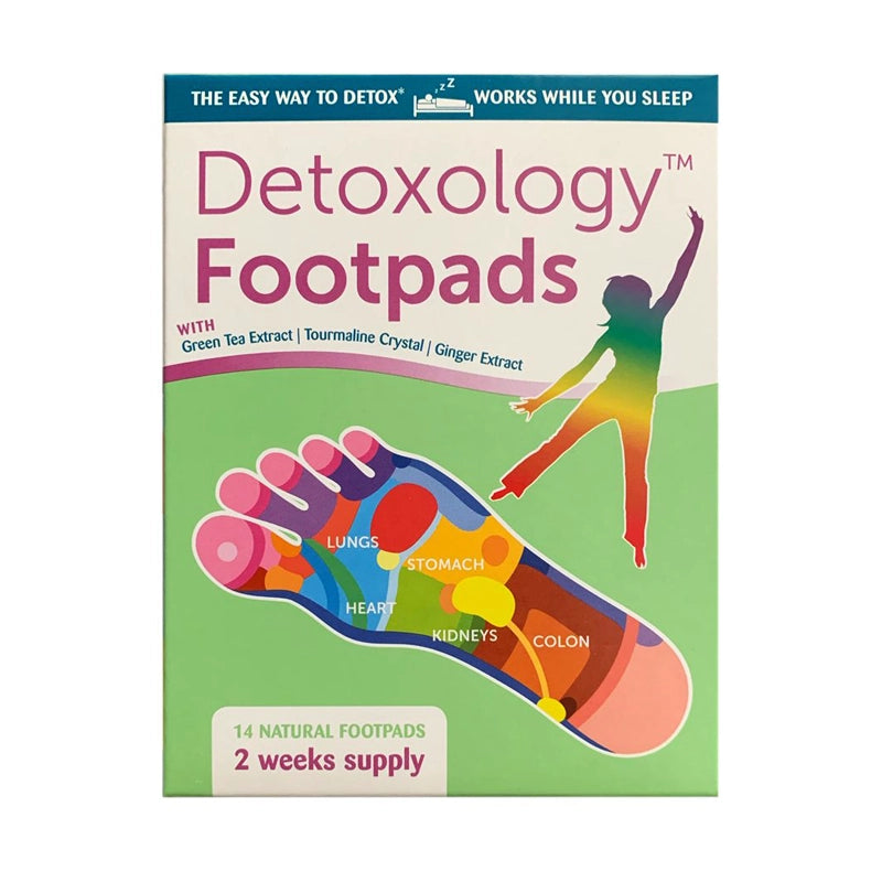 Detoxology Footpads packaging with a colorful foot diagram on a white background