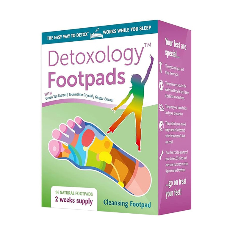 Detoxology Footpads packaging with colorful foot illustration on a white background