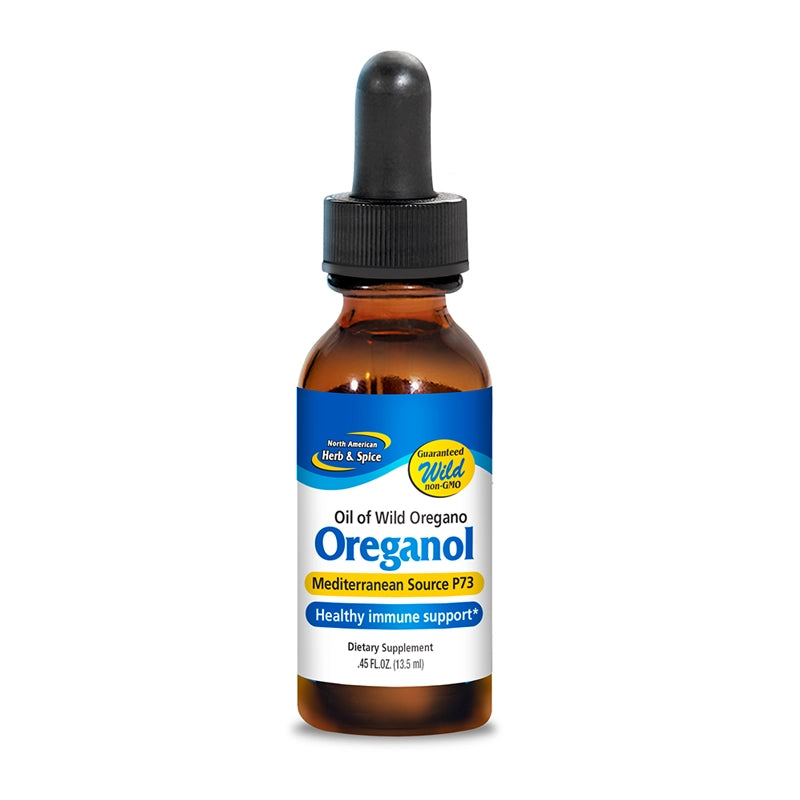 Bottle of Oreganol oil with a dropper on a white background