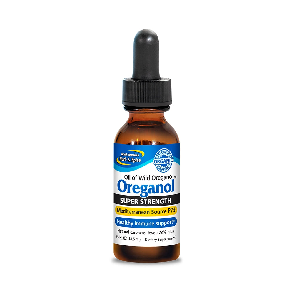 Bottle of Oreganol Super Strength oil with a dropper on a white background