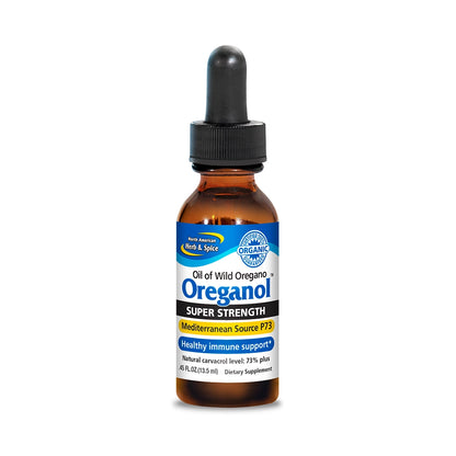 Bottle of Oreganol Super Strength oil with a dropper on a white background