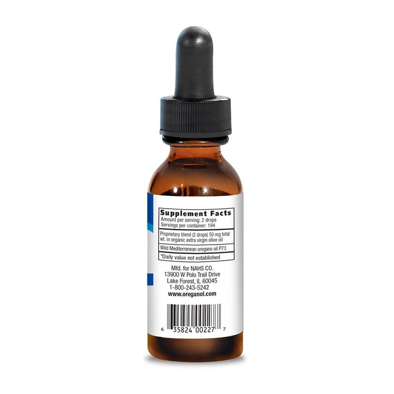 Bottle of Oreganol Super Strength oil with a dropper on a white background