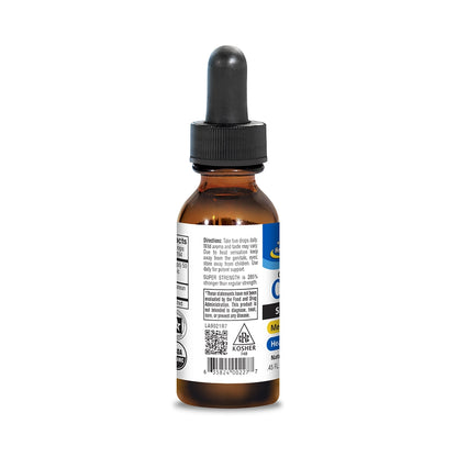 Bottle of Oreganol Super Strength oil with a dropper on a white background