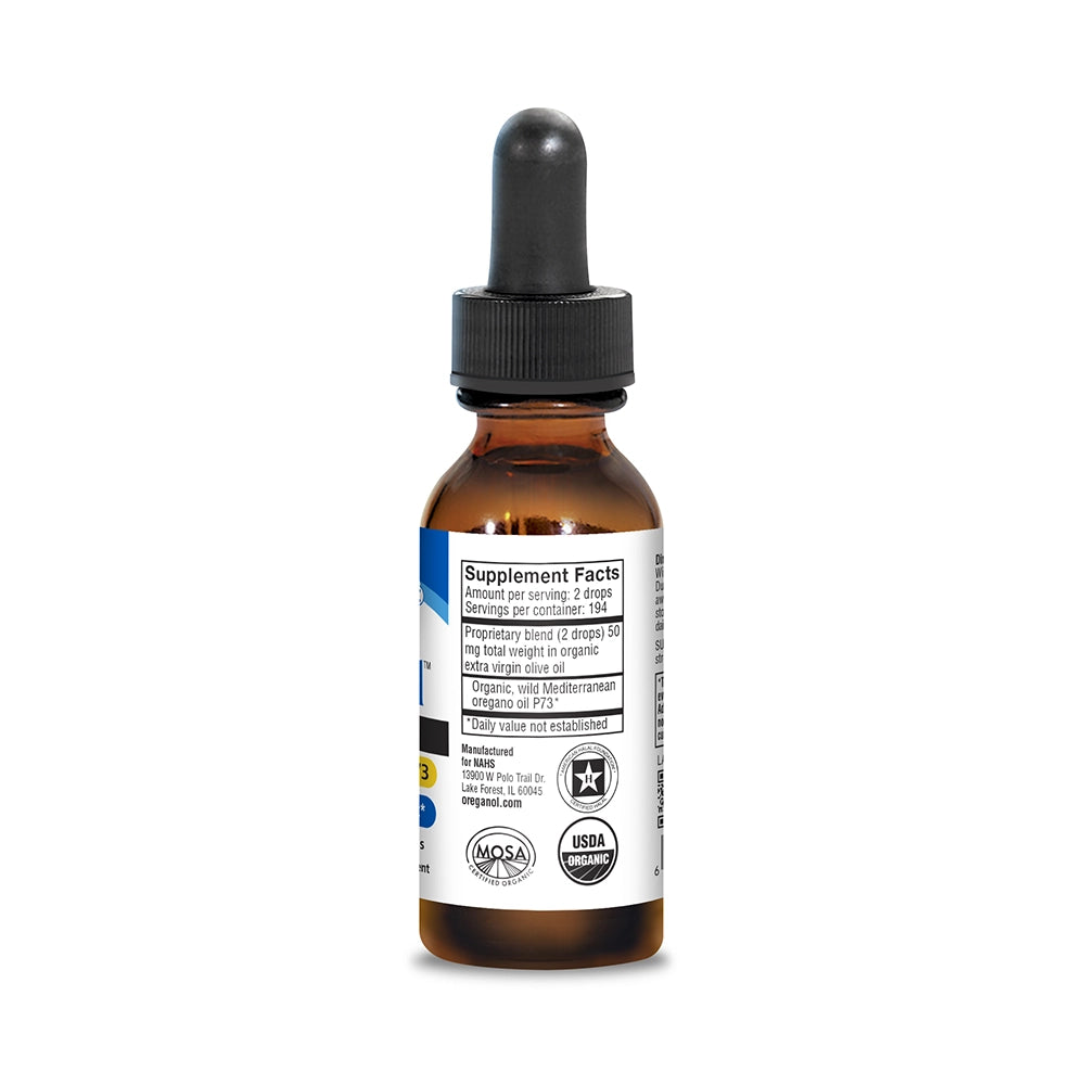 Bottle of Oreganol Super Strength oil with a dropper on a white background