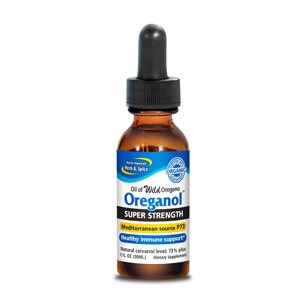 Bottle of Oreganol Super Strength oil with a dropper on a white background