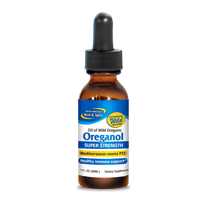 Bottle of Oreganol Super Strength oil with a dropper on a white background