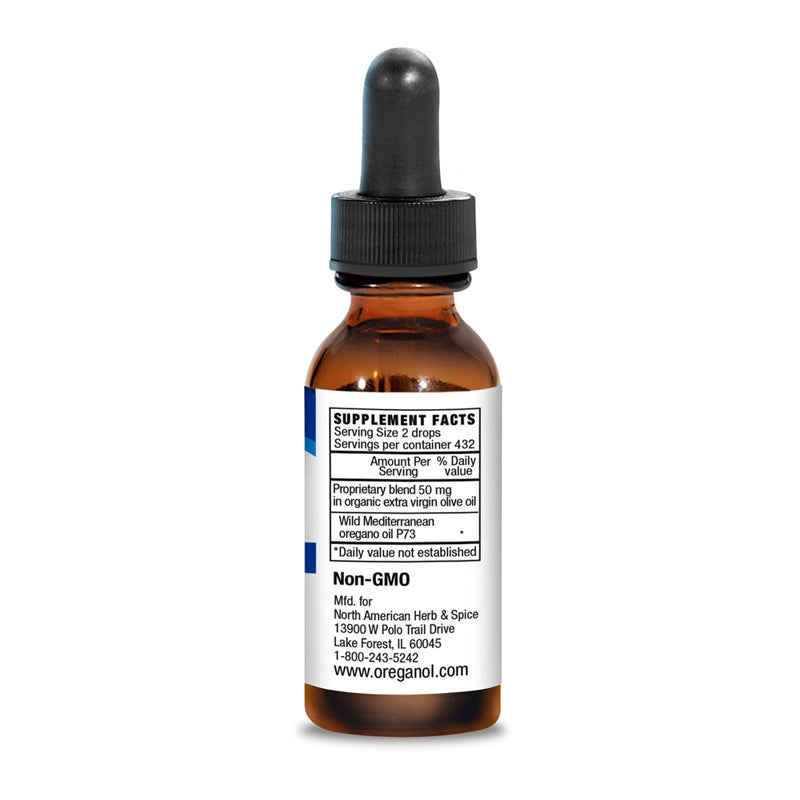 Bottle of oregano oil with a dropper on a white background