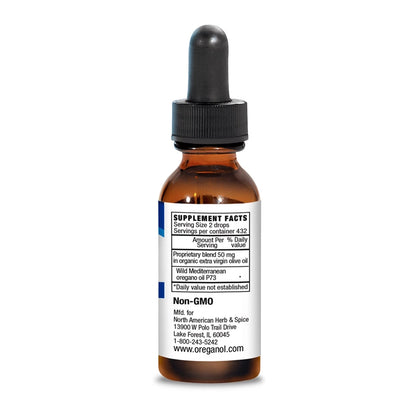 Bottle of oregano oil with a dropper on a white background