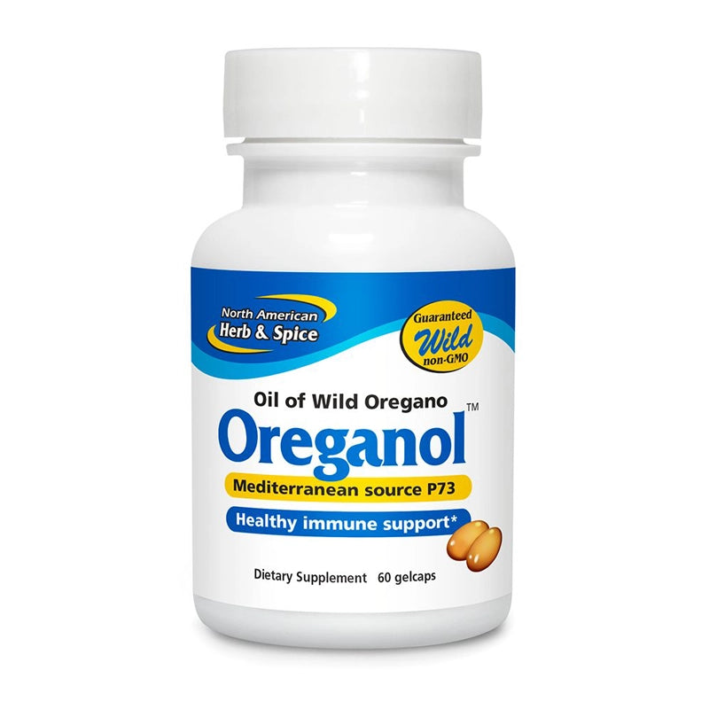 Oreganol 60 softgel dietary supplement bottle with blue and white label on a white background